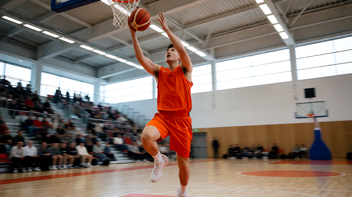 篮球赛事比赛画面，球员在快攻中完成上篮得分