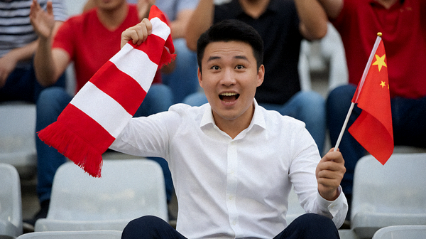 球迷在看台上庆祝进球，挥舞围巾与旗帜