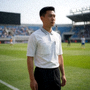 足球比赛中裁判在场边记录比赛事件的画面